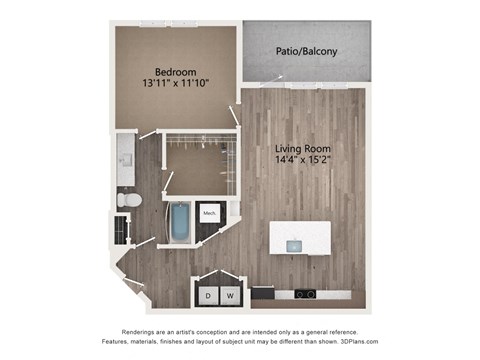 Floor plan for 1 bed, 1 bath, 862 sqft